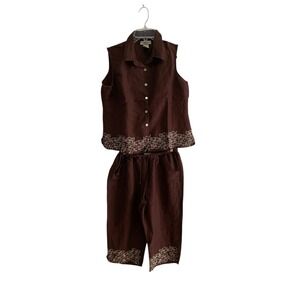 Stephanie‎ Rogers Brown Ramie Blend Embroidered Floral 2 Piece Set Large